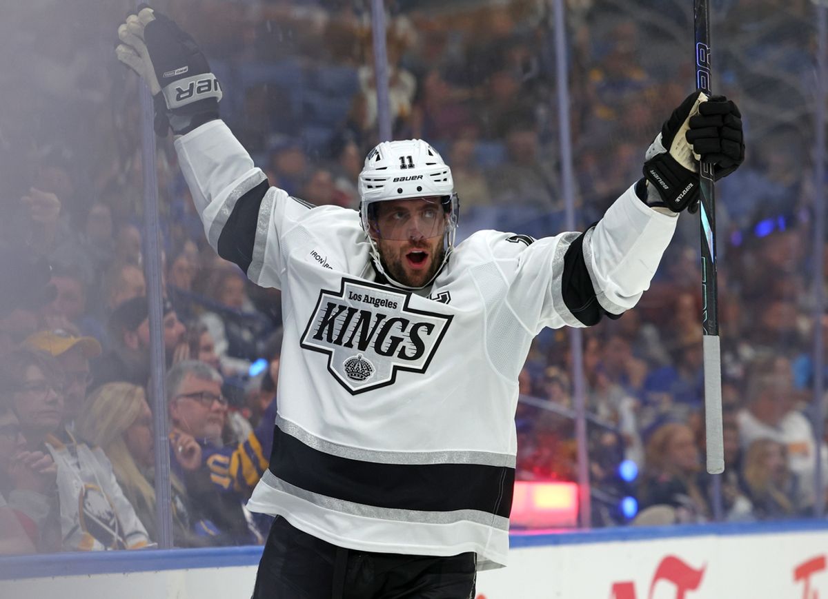 Oct 10, 2024; Buffalo, New York, USA;  Los Angeles Kings center Anze Kopitar (11) reacts after scoring a goal during the third period against the Buffalo Sabres at KeyBank Center. Mandatory Credit: Timothy T. Ludwig-Imagn Images