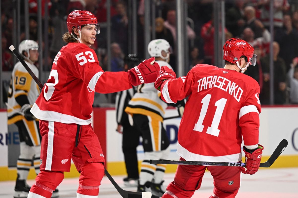 Oct 10, 2024; Detroit, Michigan, USA; Detroit Red Wings right wing Vladimir Tarasenko (11) celebrates his goal with defenseman Moritz Seider (53) during the second period against the Pittsburgh Penguins at Little Caesars Arena. Mandatory Credit: Tim Fuller-Imagn Images