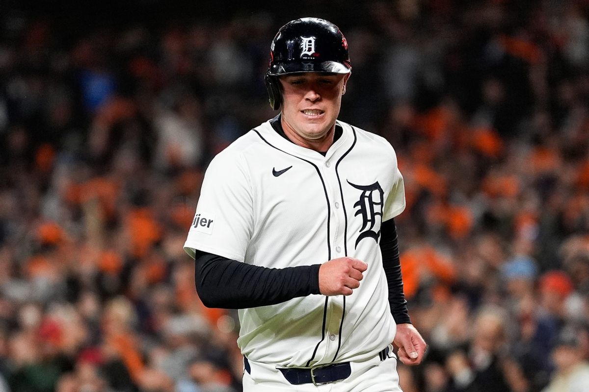 Detroit Tigers designated hitter Kerry Carpenter (30) limps off the field after scoring a run against Cleveland Guardians during the sixth inning at Game 4 of ALDS at Comerica Park in Detroit on Thursday, Oct. 10, 2024.