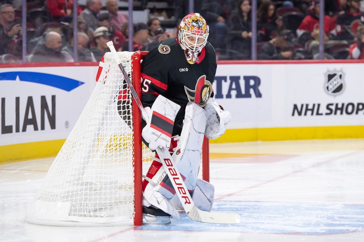 Oct 10, 2024; Ottawa, Ontario, CAN; Ottawa Senators goalie Linus Ullmark (35) looks over prior to the start of the second period agaist the Florida Panthers at the Canadian Tire Centre. Mandatory Credit: Marc DesRosiers-Imagn Images