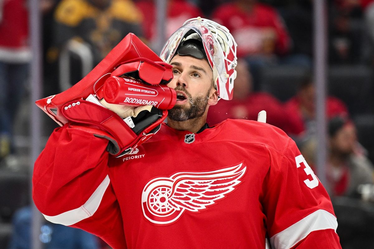 Oct 10, 2024; Detroit, Michigan, USA; Detroit Red Wings goaltender Cam Talbot (39) during the third period against the Pittsburgh Penguins at Little Caesars Arena. Mandatory Credit: Tim Fuller-Imagn Images