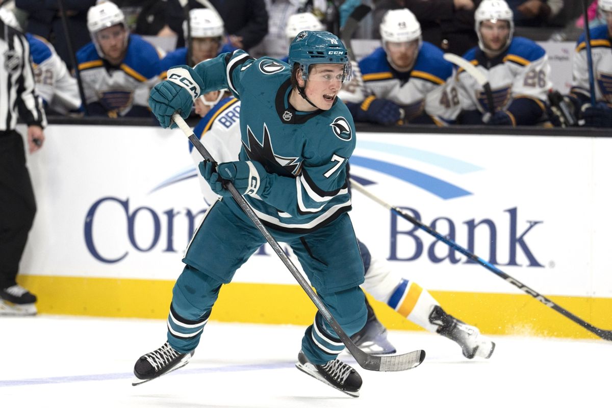 Oct 10, 2024; San Jose, California, USA;  San Jose Sharks center Macklin Celebrini (71) chases after the puck during the second period against the St. Louis Blues at SAP Center at San Jose. Mandatory Credit: Stan Szeto-Imagn Images