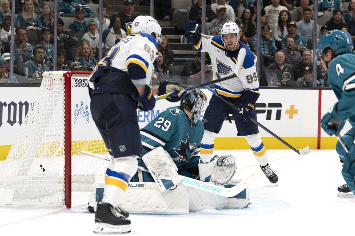 Oct 10, 2024; San Jose, California, USA;  St. Louis Blues left wing Pavel Buchnevich (89) reacts after tying the game during the third period against the San Jose Sharks at SAP Center at San Jose. Mandatory Credit: Stan Szeto-Imagn Images