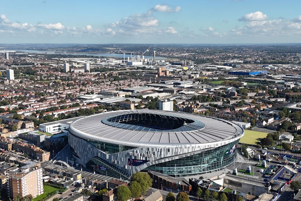 Oct 11, 2024; London, United Kingdom; A general overall aerial view of Tottenham Hotspur Stadium, the site of the 2024 NFL London Games between the New York Jets and Minnesota Vikings and the Jacksonville Jaguars and the Chicago Bears. Mandatory Credit: Kirby Lee-Imagn Images