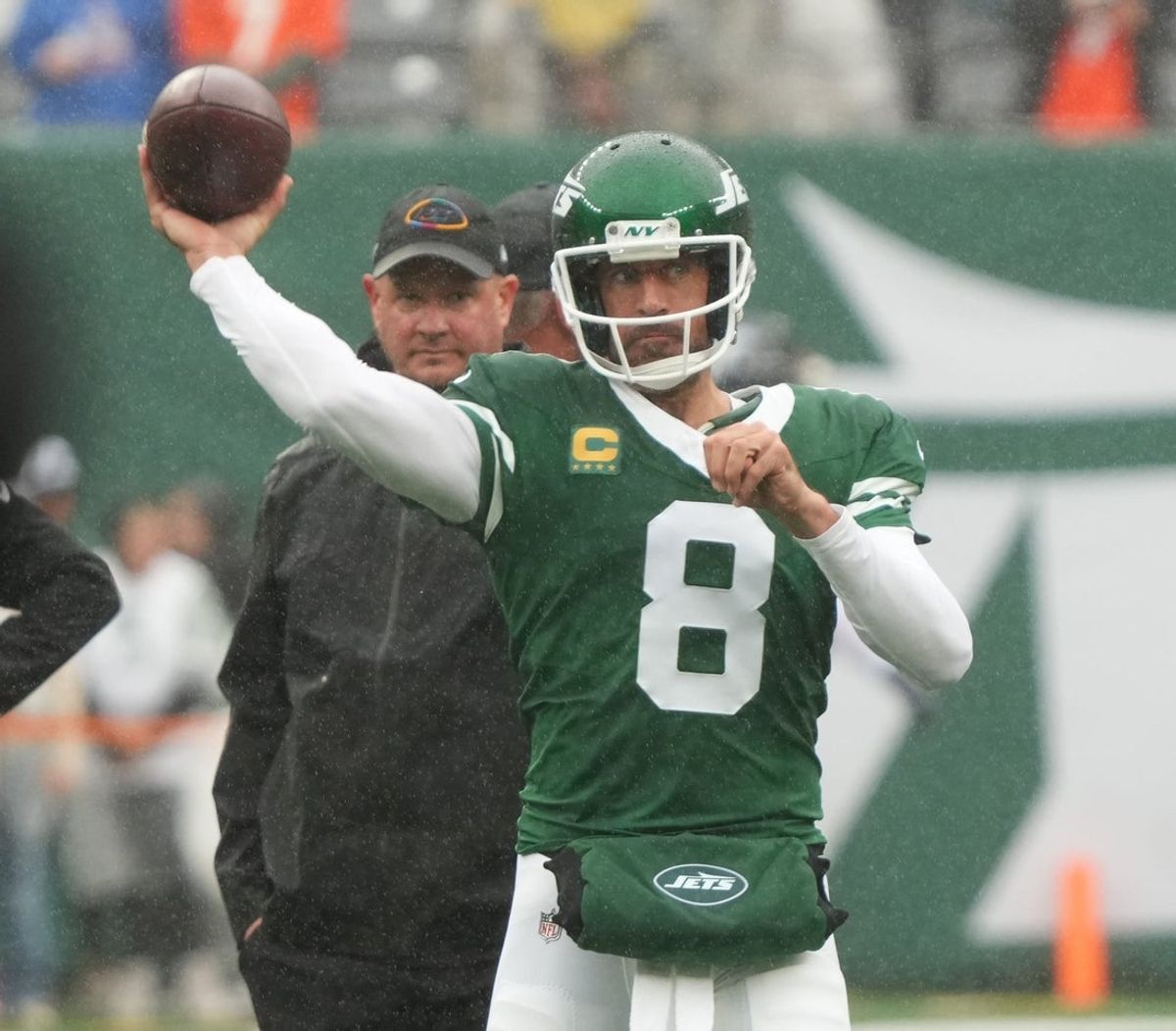 East Rutherford, NJ -- September 29 -- Offensive coordinator Nathaniel Hackett and Aaron Rodgers of the Jets during pre game warm ups as the Denver Broncos and New York Jets meet at MetLife Stadium.