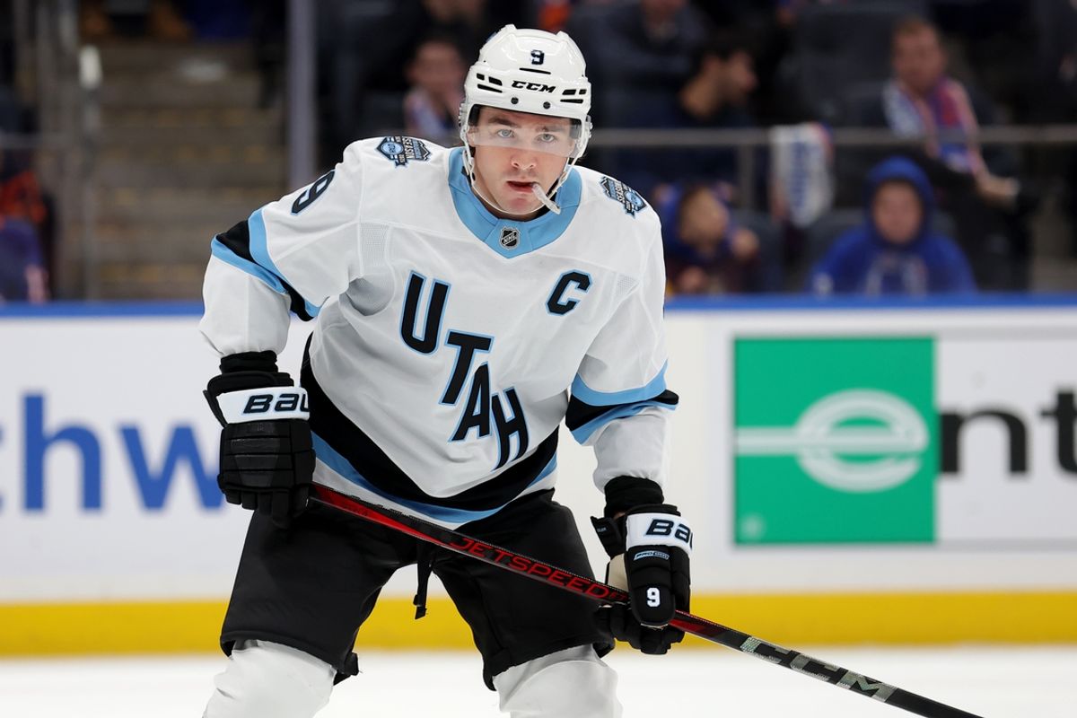 Oct 10, 2024; Elmont, New York, USA; Utah Hockey Club center Clayton Keller (9) skates against the New York Islanders during the second period at UBS Arena. Mandatory Credit: Brad Penner-Imagn Images