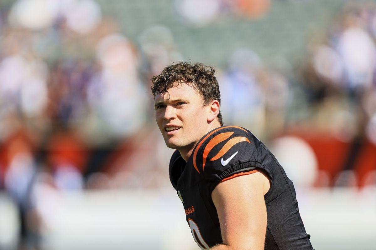 Oct 6, 2024; Cincinnati, Ohio, USA; Cincinnati Bengals punter Ryan Rehkow (8) during warmups before the game against the Baltimore Ravens at Paycor Stadium. Mandatory Credit: Katie Stratman-Imagn Images