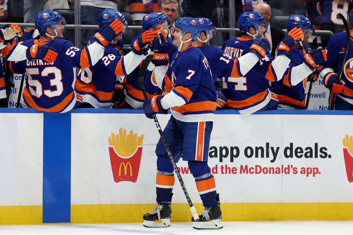 Oct 10, 2024; Elmont, New York, USA; New York Islanders right wing Maxim Tsyplakov (7) celebrates his goal against the Utah Hockey Club with teammates during the third period at UBS Arena. Mandatory Credit: Brad Penner-Imagn Images