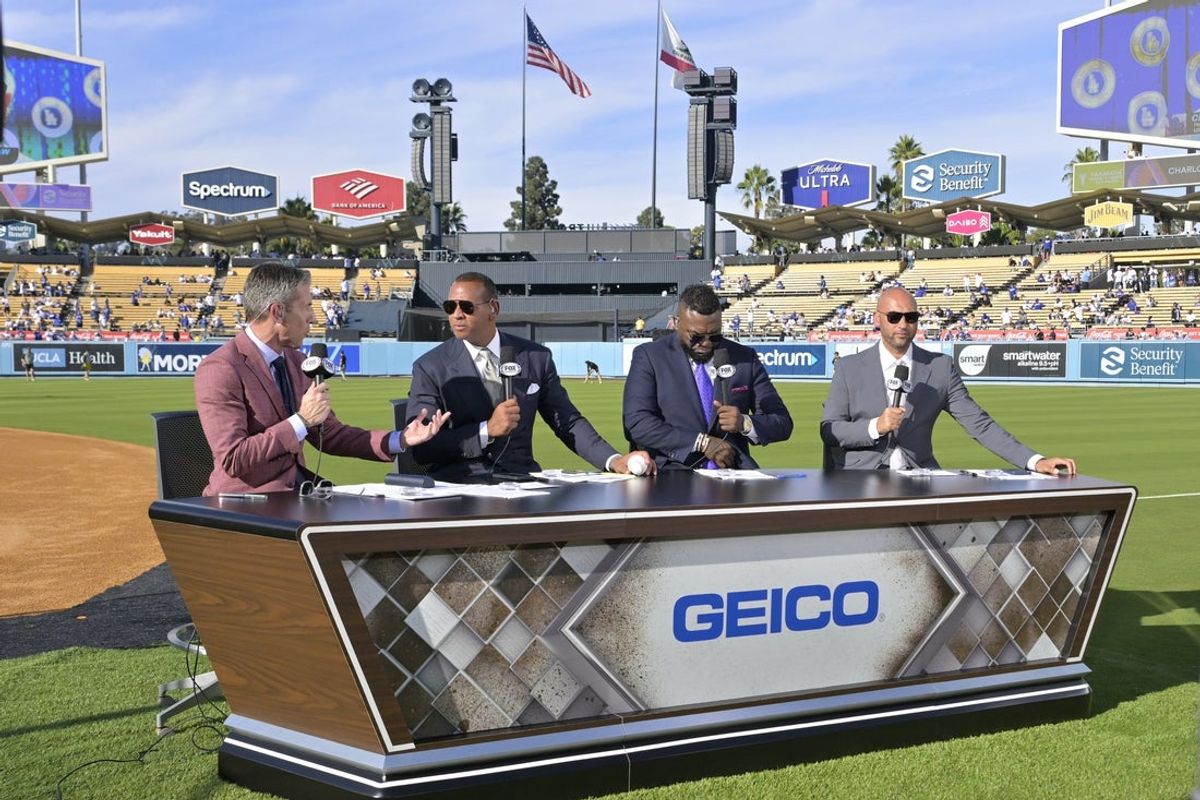Oct 11, 2024; Los Angeles, California, USA; Left to right: Fox Sports broadcasters Kevin Burkhardt and Alex Rodriguez and David Ortiz and Derek Jeter before game five between the Los Angeles Dodgers and the San Diego Padres of the NLDS for the 2024 MLB Playoffs at Dodger Stadium. Mandatory Credit: Jayne Kamin-Oncea-Imagn Images