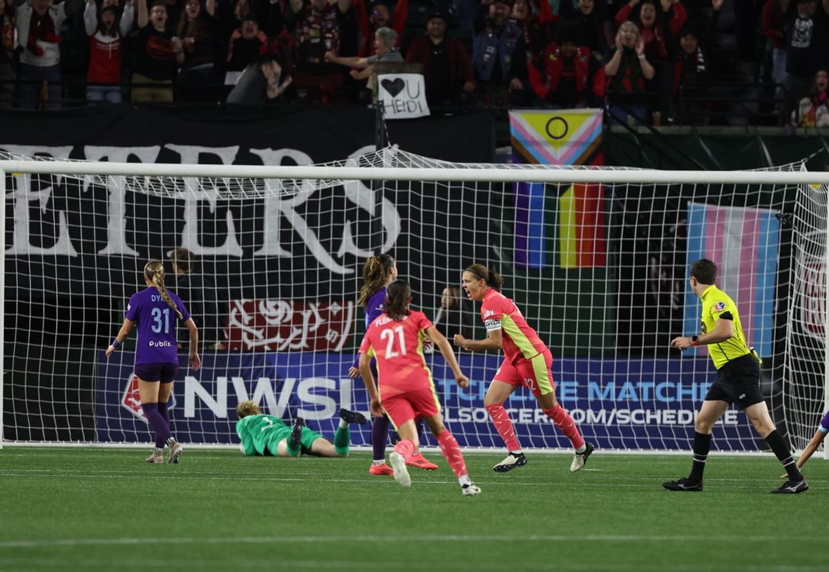 Oct 11, 2024; Portland, Oregon, USA; Portland Thorns FC forward Christine Sinclair (12) celebrates a second half goal against the Orlando Pride at Providence Park. Mandatory Credit: Craig Mitchelldyer-Imagn Images