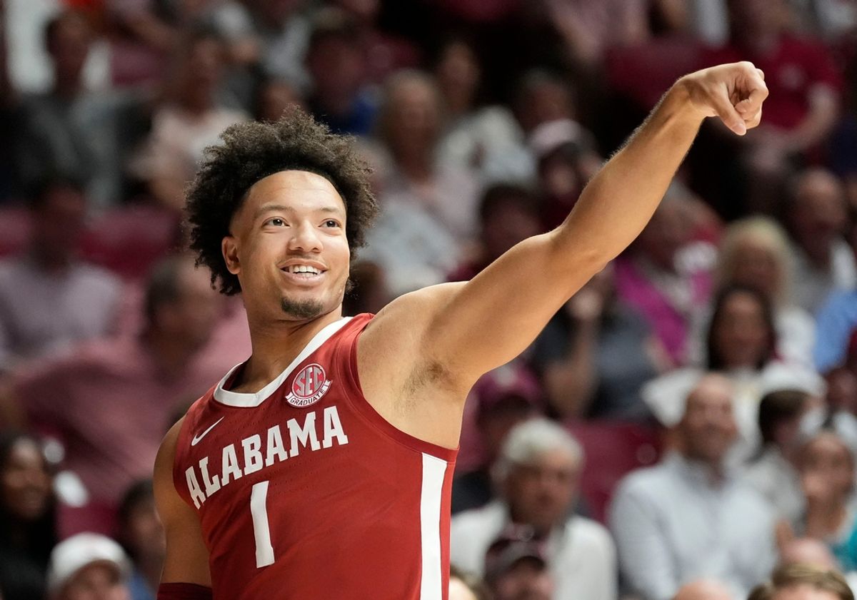 The University of Alabama unveiled the first banner honoring the school’s first Final Four appearance Friday, Oct. 11, 2024, in Coleman Coliseum. Alabama guard Mark Sears (1) wins the three point shooting contest.
