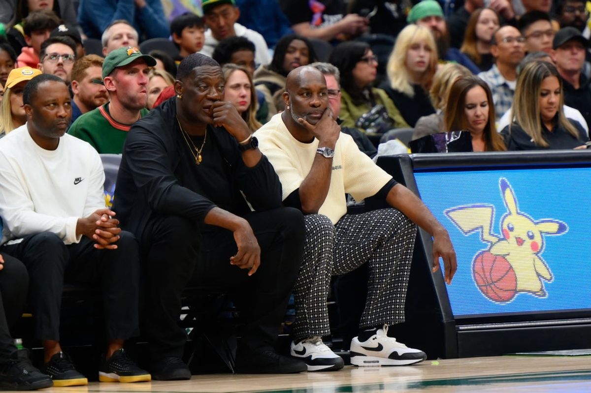 Oct 11, 2024; Seattle, Washington, USA; Former NBA players Shawn Kemp and Gary Payton watch the game between the Los Angeles Clippers and the Portland Trail Blazers during the first half at Climate Pledge Arena. Mandatory Credit: Steven Bisig-Imagn Images