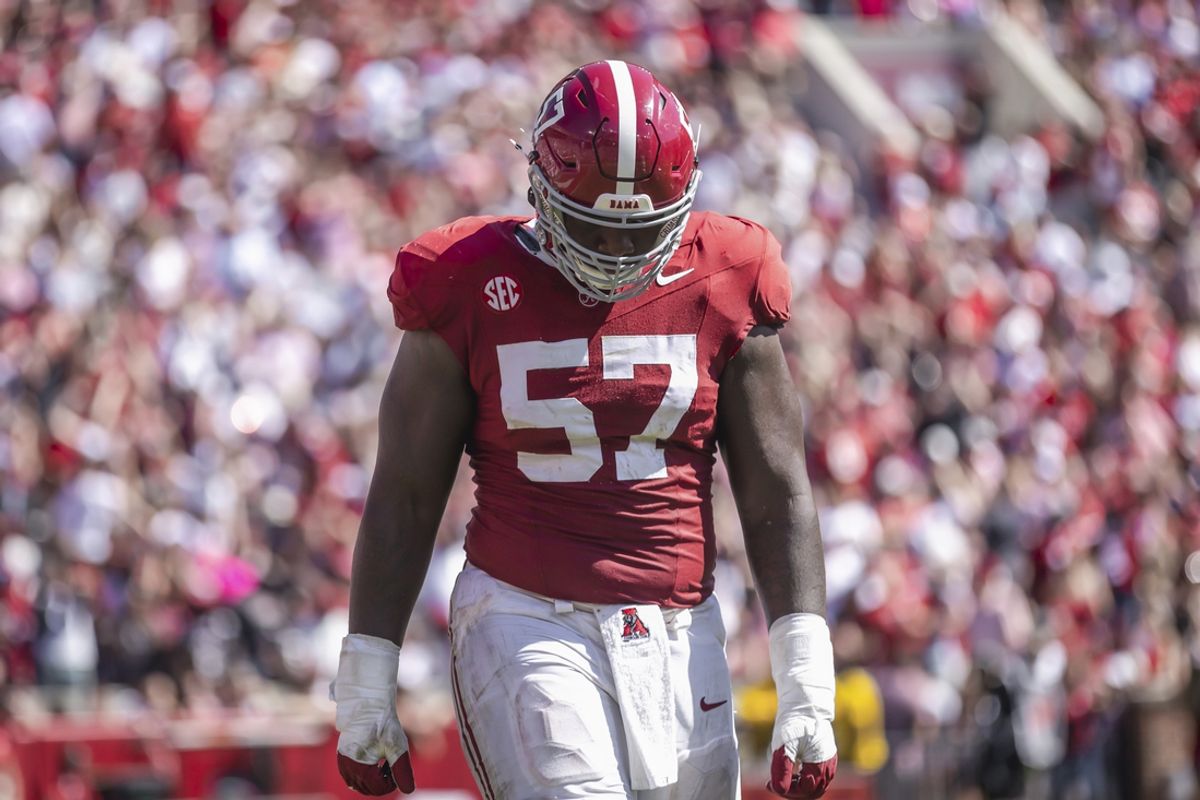 Oct 12, 2024; Tuscaloosa, Alabama, USA;  Alabama Crimson Tide offensive lineman Elijah Pritchett (57) walks  to the sideline during a turnover in the second quarter at Bryant-Denny Stadium. Mandatory Credit: Will McLelland-Imagn Images