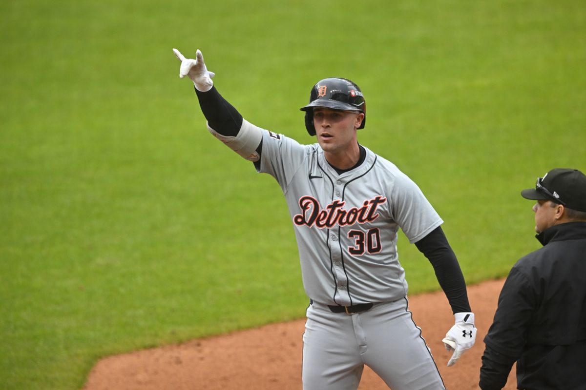 Oct 12, 2024; Cleveland, Ohio, USA; Detroit Tigers outfielder Kerry Carpenter (30) celebrates in the fifth inning against the Cleveland Guardians during game five of the ALDS for the 2024 MLB Playoffs at Progressive Field. Mandatory Credit: David Richard-Imagn Images