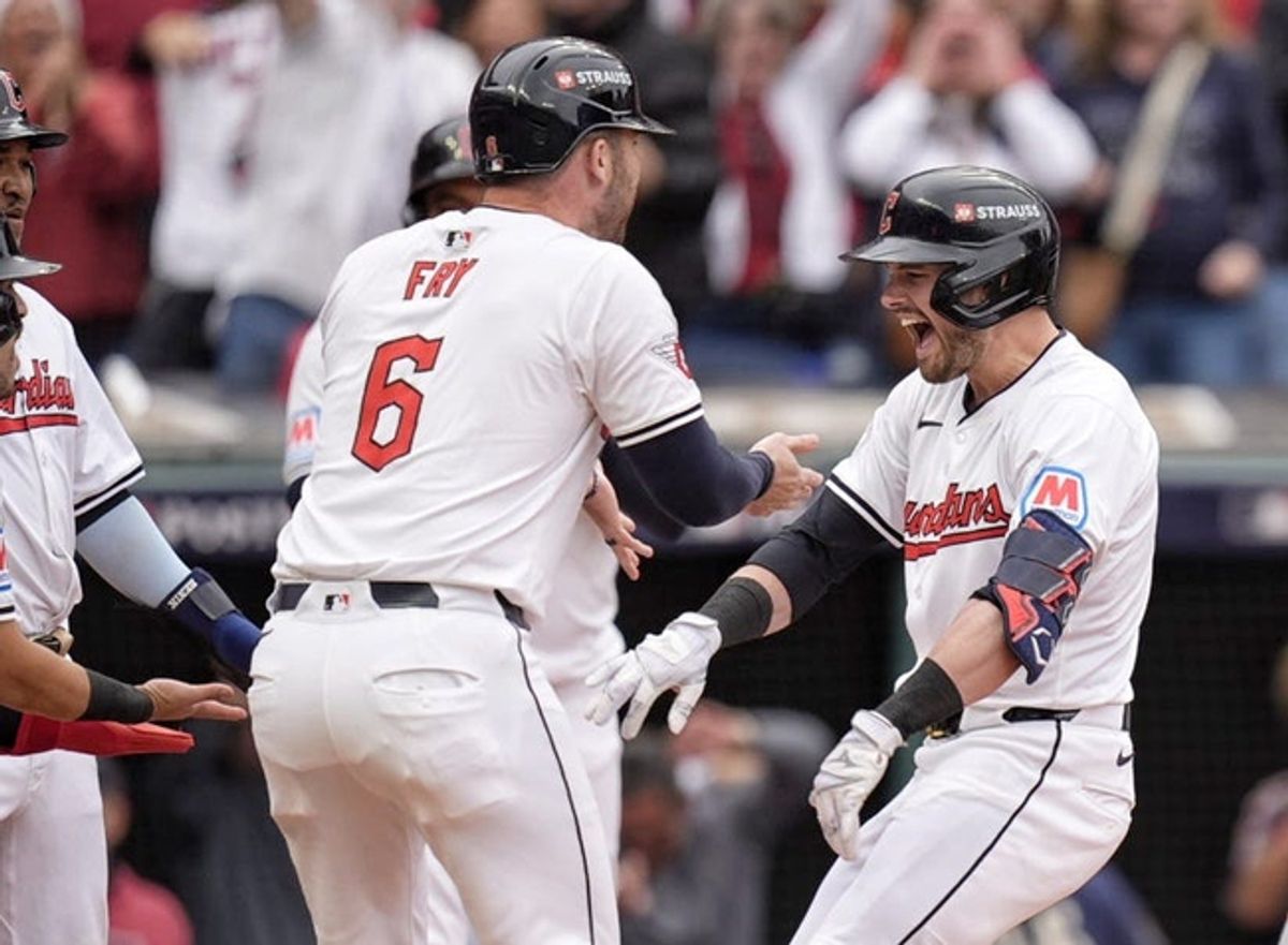 Guardians Lane Thomas celebrates batting a grand slam against Tigers during the 5th inning at Game 5 of ALDS at Progressive Field in Cleveland, Ohio on Saturday, Oct. 12, 2024.