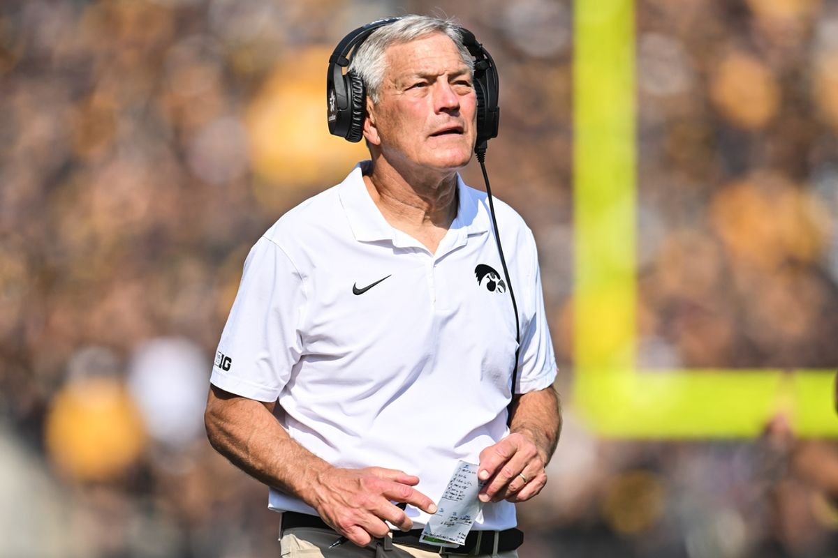 Oct 12, 2024; Iowa City, Iowa, USA; Iowa Hawkeyes head coach Kirk Ferentz looks on during the fourth quarter against the Washington Huskies at Kinnick Stadium. The victory would the 200th of Ferentz’s Big Ten career. Mandatory Credit: Jeffrey Becker-Imagn Images