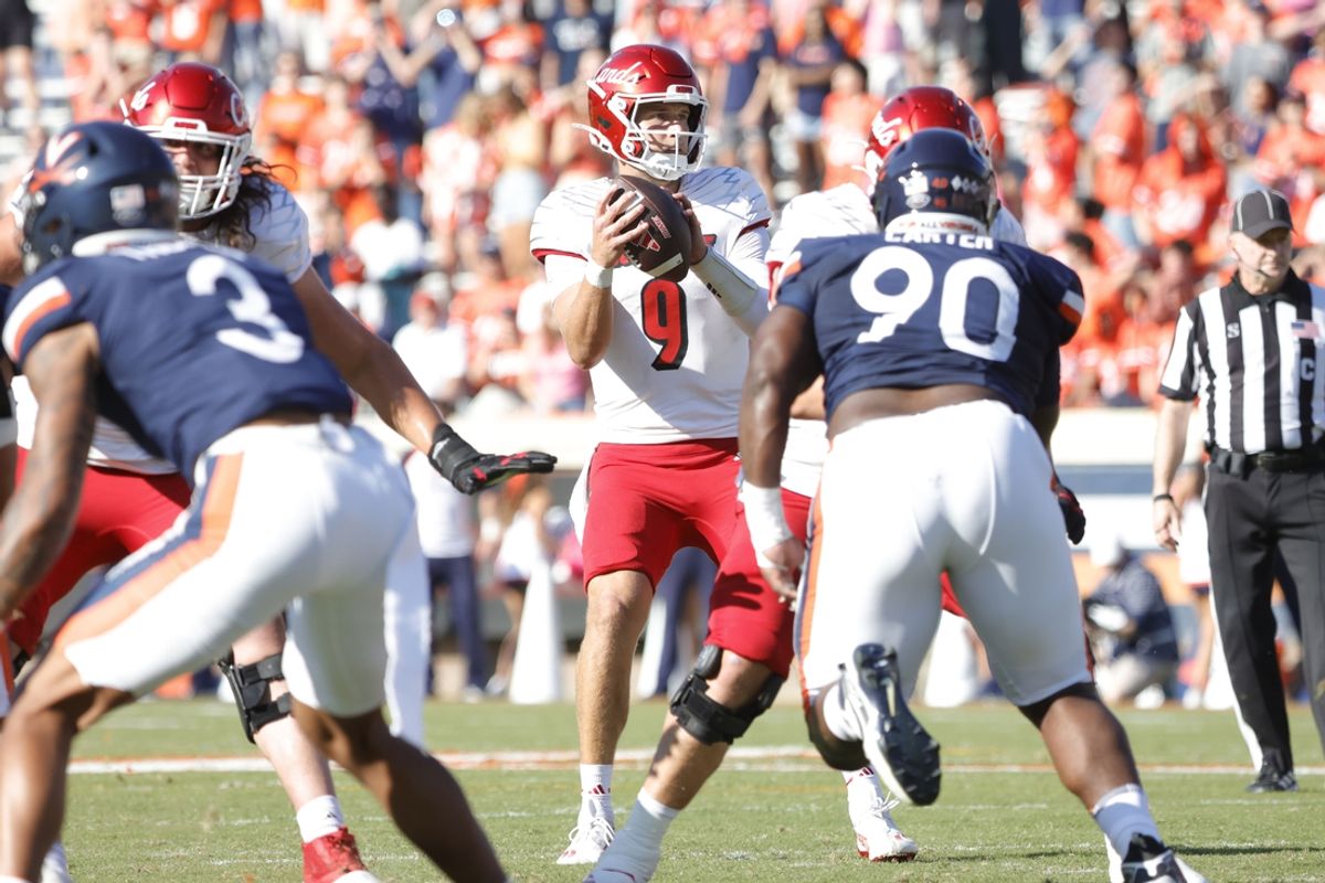 Oct 12, 2024; Charlottesville, Virginia, USA; Louisville Cardinals quarterback Tyler Shough (9) prepares to throw the ball against the Virginia Cavaliers during the first half at Scott Stadium. Mandatory Credit: Amber Searls-Imagn Images