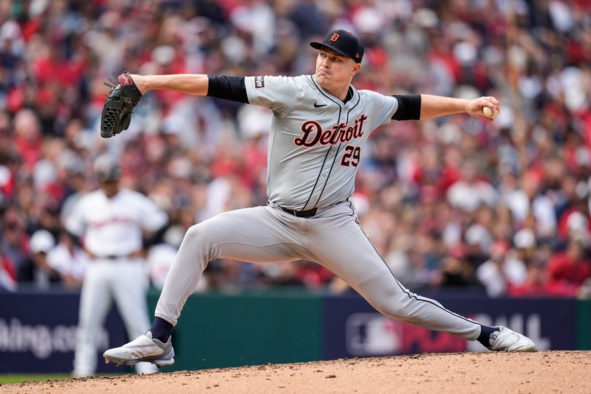 Detroit Tigers pitcher Tarik Skubal (29) throws against Cleveland Guardians during the fourth inning at Game 5 of ALDS at Progressive Field in Cleveland, Ohio on Saturday, Oct. 12, 2024.