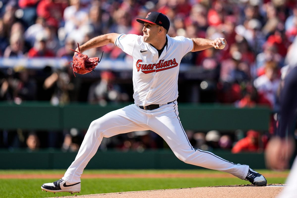 Cleveland Guardians pitcher Matthew Boyd (16) throws against Detroit Tigers during the first inning at Game 5 of ALDS at Progressive Field in Cleveland, Ohio on Saturday, Oct. 12, 2024.