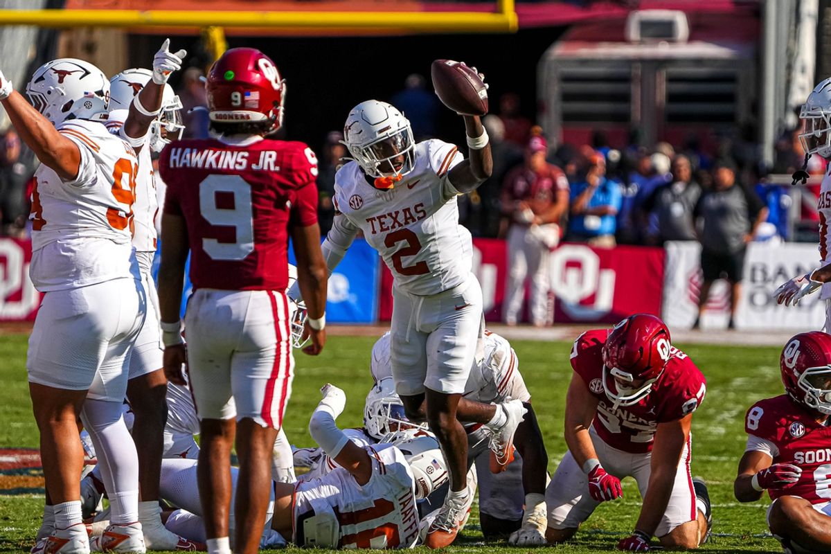 Texas Longhorns devensive back Derek Williams Jr. (2) celebrates a fumble recovery during the Red River Rivalry game against Oklahoma at the Cotton Bowl on Saturday, Oct. 12, 2024 in Dallas, Texas.