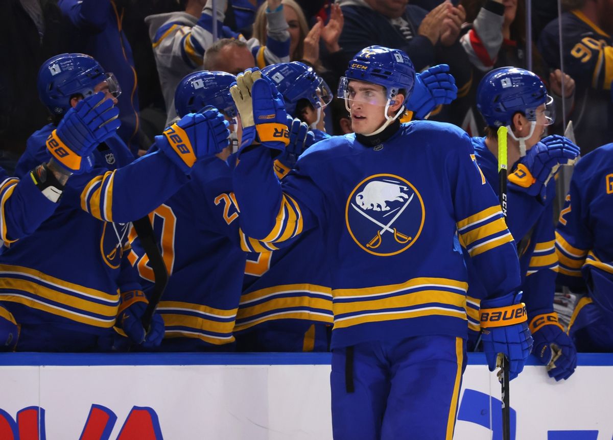 Oct 12, 2024; Buffalo, New York, USA;  Buffalo Sabres center Tage Thompson (72) celebrates his goal with teammates during the first period against the Florida Panthers at KeyBank Center. Mandatory Credit: Timothy T. Ludwig-Imagn Images