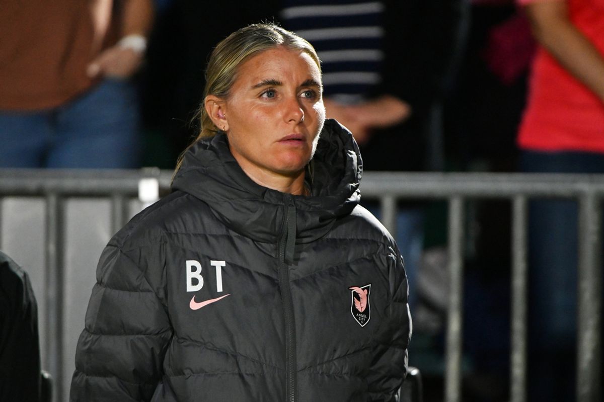 Oct 12, 2024; Cary, North Carolina, USA; Angel City FC head coach Becki Tweed looks on during the national anthem before the game between the North Carolina Courage and Angel City FC at WakeMed Soccer Park. Mandatory Credit: Rob Kinnan-Imagn Images