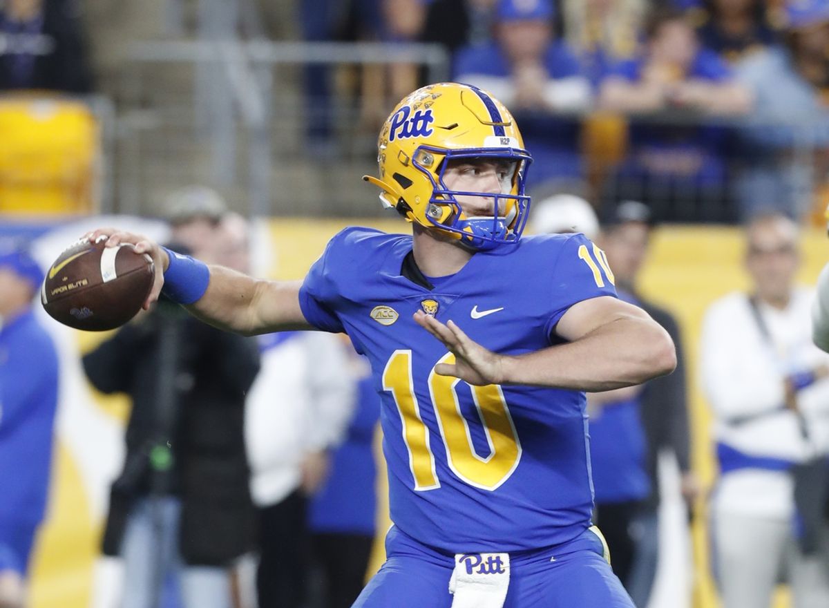 Oct 12, 2024; Pittsburgh, Pennsylvania, USA;  Pittsburgh Panthers quarterback Eli Holstein (10) passes against the California Golden Bears during the fourth quarter at Acrisure Stadium. Pittsburgh won 17-15. Mandatory Credit: Charles LeClaire-Imagn Images