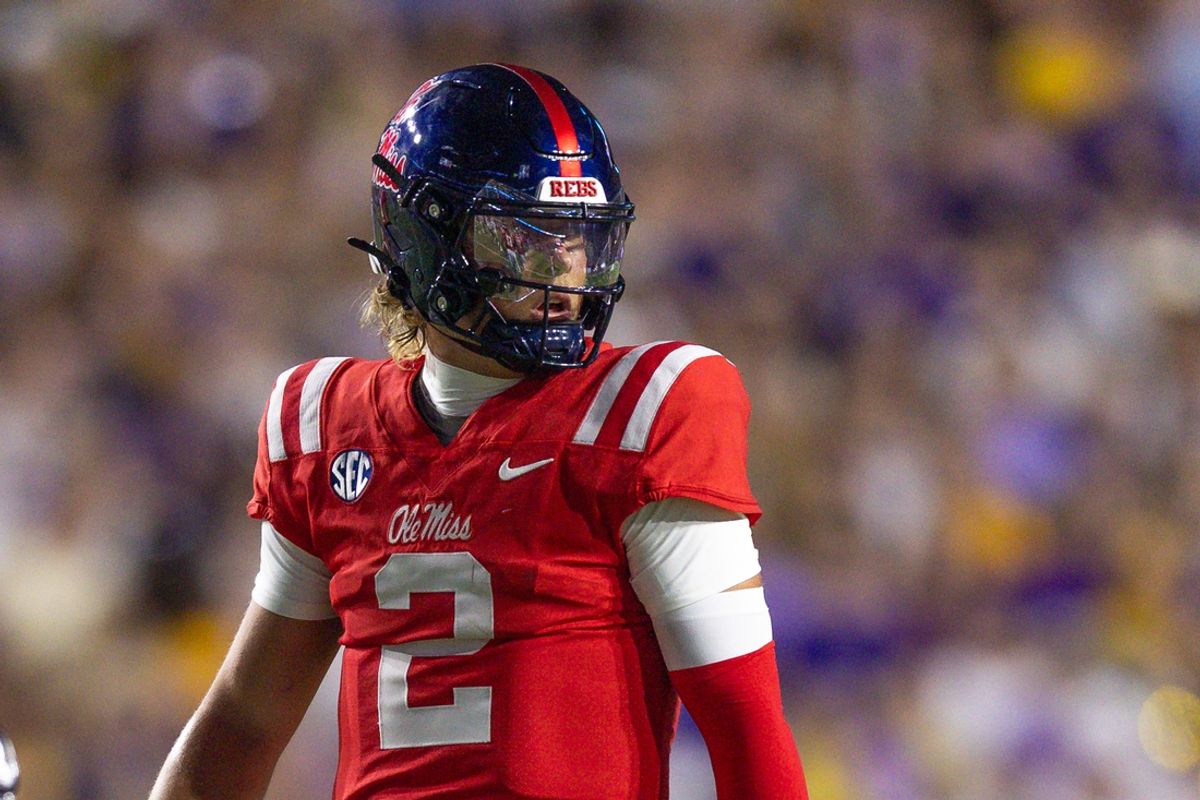 Oct 12, 2024; Baton Rouge, Louisiana, USA;  Mississippi Rebels quarterback Jaxson Dart (2) looks on against the LSU Tigers during the first half at Tiger Stadium. Mandatory Credit: Stephen Lew-Imagn Images
