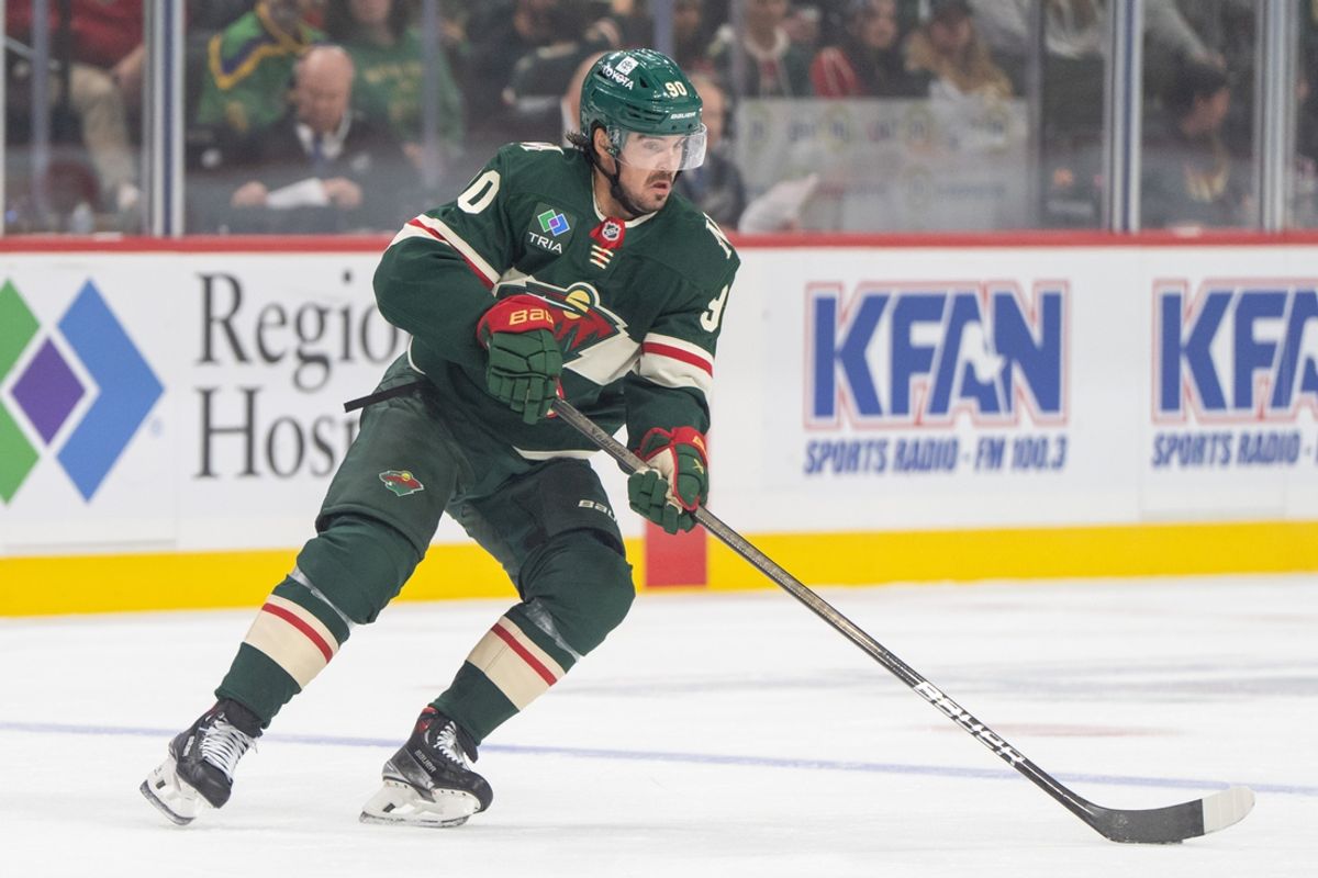 Oct 12, 2024; Saint Paul, Minnesota, USA; Minnesota Wild center Marcus Johansson (90) intercepts a Seattle Kraken pass in the first period at Xcel Energy Center. Mandatory Credit: Matt Blewett-Imagn Images