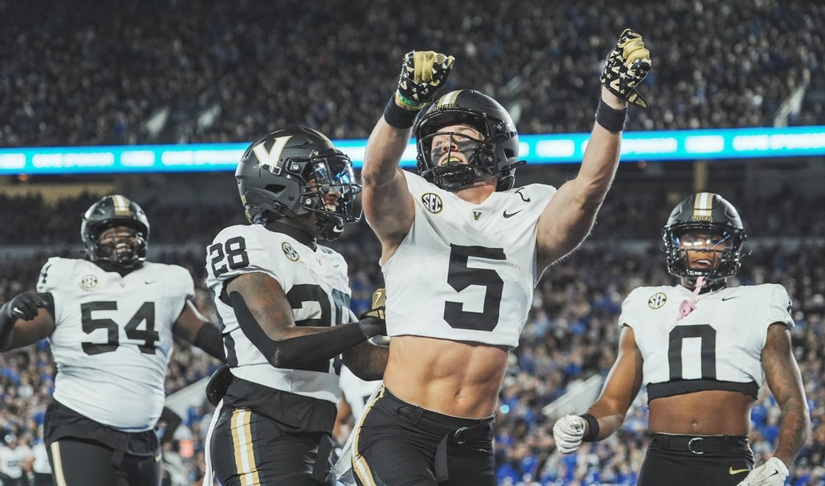 Wide receiver Richie Hoskins (5) of the Vanderbilt Commodores celebrates his late second quarter touchdown to put Vandy up over host Kentucky 13-7 Saturday, Oct. 12, 2024 in Lexington, Ky.
