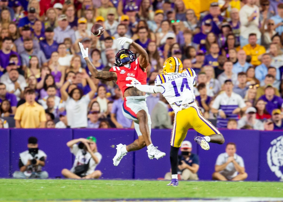 Tigers cornerback Zy Alexander 14 breaks up a pass intended for Antwane Wells 3 as the LSU Tigers take on the Ole Miss Rebels at Tiger Stadium in Baton Rouge, LA. Saturday, Oct. 12, 2024.