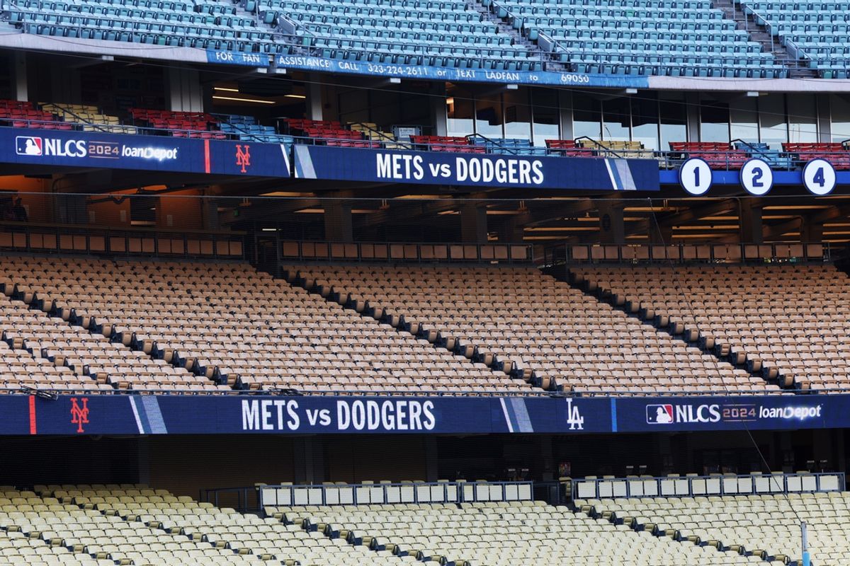 Oct 12, 2024; Los Angeles, CA, USA;  A general view of a LED board during the NLCS workouts at Dodgers Stadium. Mandatory Credit: Kiyoshi Mio-Imagn Images