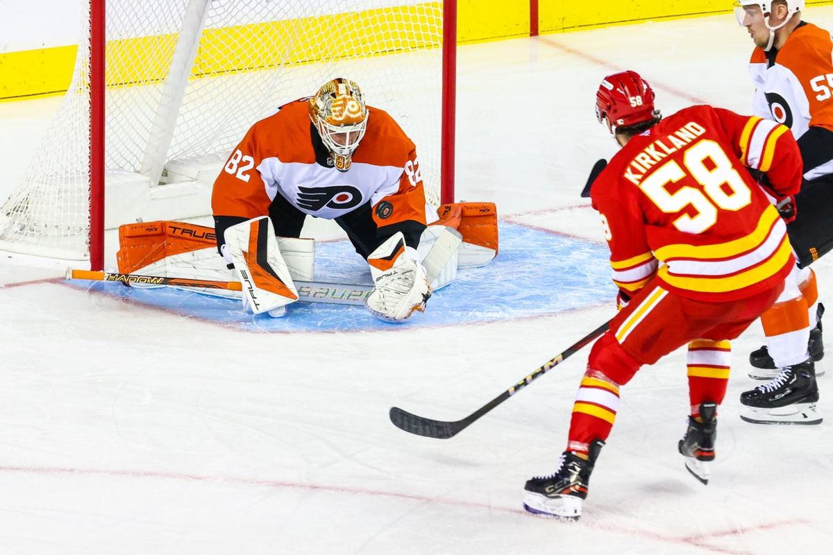 Oct 12, 2024; Calgary, Alberta, CAN; Philadelphia Flyers goaltender Ivan Fedotov (82) makes a save against Calgary Flames during the first period at Scotiabank Saddledome. Mandatory Credit: Sergei Belski-Imagn Images