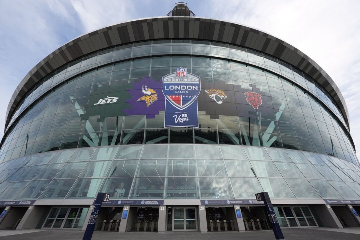 Oct 13, 2024; London, United Kingdom; The 2024 NFL London Games, New York Jets, Minnesota Vikings, Jacksonville Jaguars and Chicago Bears logo on the facade at an NFL International Series game at Tottenham Hotspur Stadium. Mandatory Credit: Kirby Lee-Imagn Images