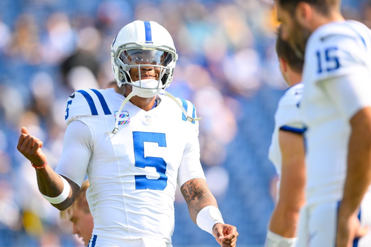 Oct 13, 2024; Nashville, Tennessee, USA;  Indianapolis Colts quarterback Anthony Richardson (5) during pregame warmups against the Tennessee Titans at Nissan Stadium. Mandatory Credit: Steve Roberts-Imagn Images