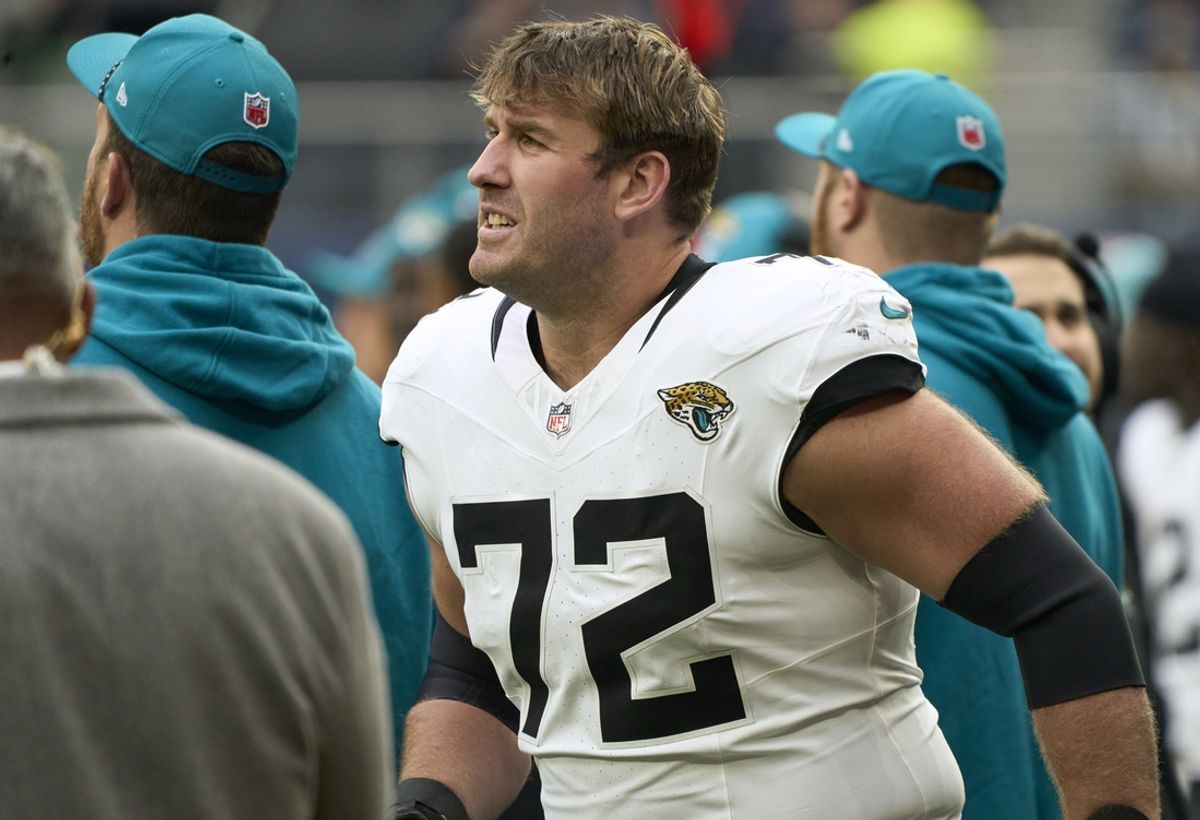 Oct 13, 2024; London, United Kingdom; Jacksonville Jaguars offensive tackle Walker Little (72) during the second half of an NFL International Series game at Tottenham Hotspur Stadium. Mandatory Credit: Peter van den Berg-Imagn Images