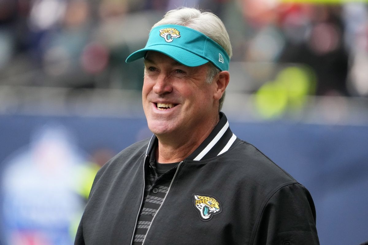 Oct 13, 2024; London, United Kingdom; Jacksonville Jaguars coach Doug Pederson reacts during the first half against the Chicago Bears during an NFL International Series game at Tottenham Hotspur Stadium. Mandatory Credit: Kirby Lee-Imagn Images