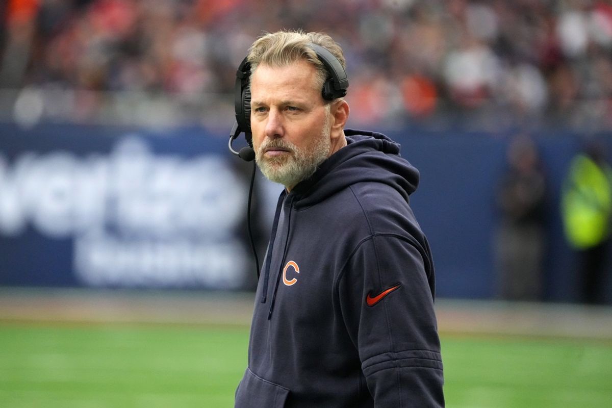 Oct 13, 2024; London, United Kingdom; Chicago Bears coach Matt Eberflus watches from the sidelines against the Jacksonville Jaguars in the second half during an NFL International Series game at Tottenham Hotspur Stadium. Mandatory Credit: Kirby Lee-Imagn Images
