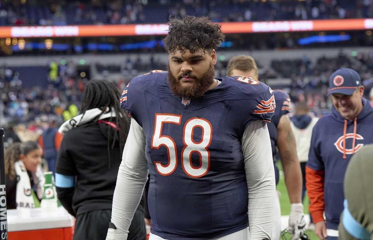 Oct 13, 2024; London, United Kingdom; Chicago Bears offensive tackle Darnell Wright (58) after an NFL International Series game at Tottenham Hotspur Stadium. Mandatory Credit: Peter van den Berg-Imagn Images