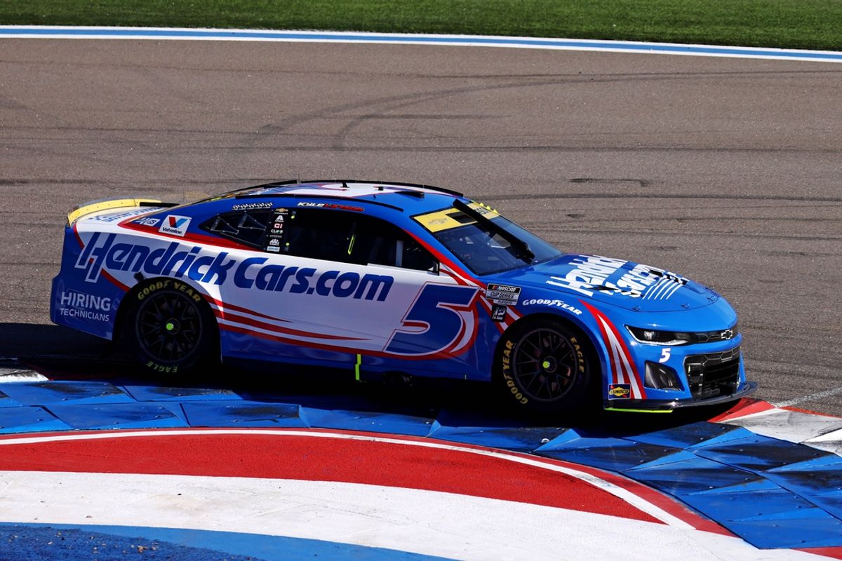 Oct 13, 2024; Concord, North Carolina, USA; NASCAR Cup Series driver Kyle Larson (5) during the Bank of America ROVAL 400 at Charlotte Motor Speedway Road Course. Mandatory Credit: Peter Casey-Imagn Images