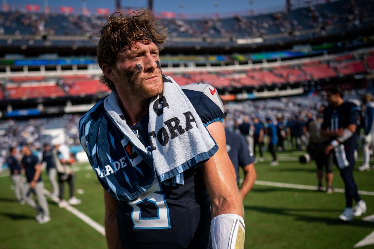 Tennessee Titans quarterback Will Levis (8) exits the field after losing to the Indianapolis Colts 20-17 at Nissan Stadium in Nashville, Tenn., Sunday, Oct. 13, 2024.