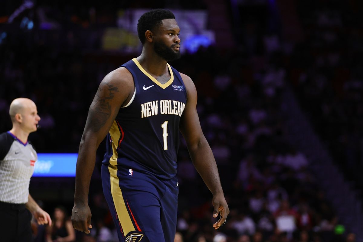 Oct 13, 2024; Miami, Florida, USA; New Orleans Pelicans forward Zion Williamson (1) looks on against the Miami Heat during the first quarter at Kaseya Center. Mandatory Credit: Sam Navarro-Imagn Images