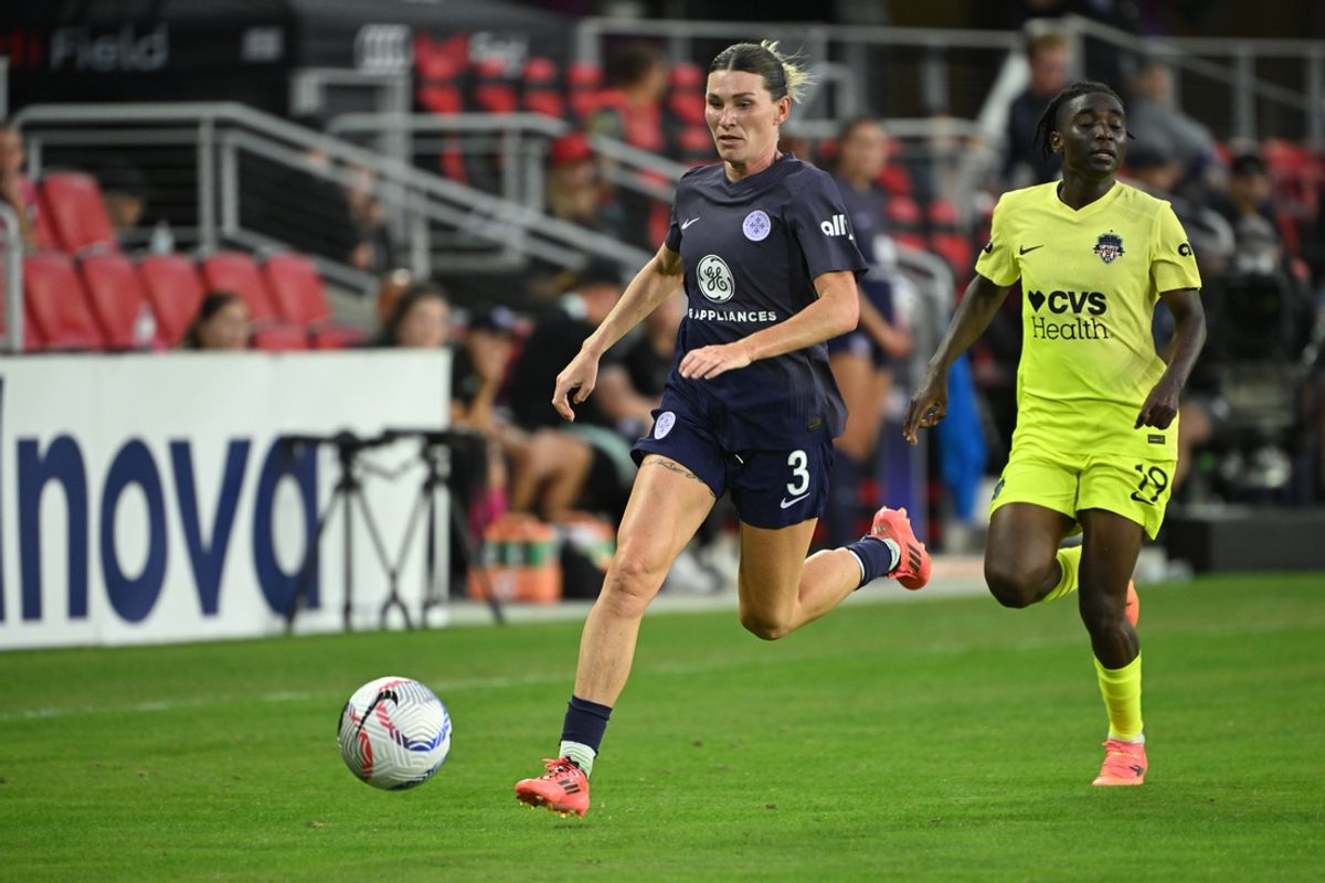 Oct 13, 2024; Washington, District of Columbia, USA; Racing Louisville FC defender Arin Wright (3) plays the ball in the second half against the Washington Spirit at Audi Field. Mandatory Credit: Rafael Suanes-Imagn Images