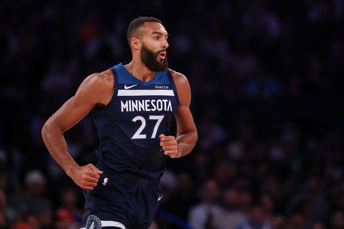 Oct 13, 2024; New York, New York, USA; Minnesota Timberwolves center Rudy Gobert (27) runs up court after a basket against the New York Knicks during the first half at Madison Square Garden. Mandatory Credit: Vincent Carchietta-Imagn Images