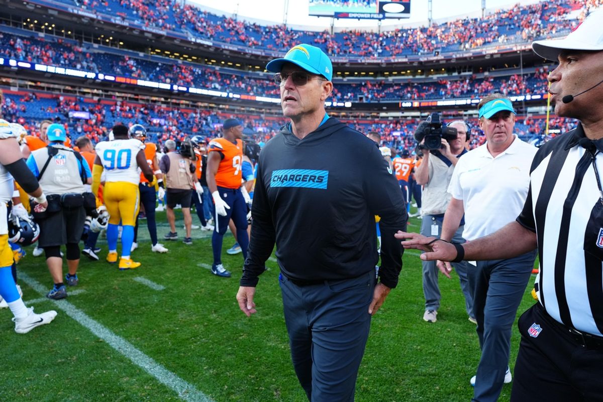 Oct 13, 2024; Denver, Colorado, USA; Los Angeles Chargers head coach Jim Harbaugh following the win over the Denver Broncos at Empower Field at Mile High. Mandatory Credit: Ron Chenoy-Imagn Images