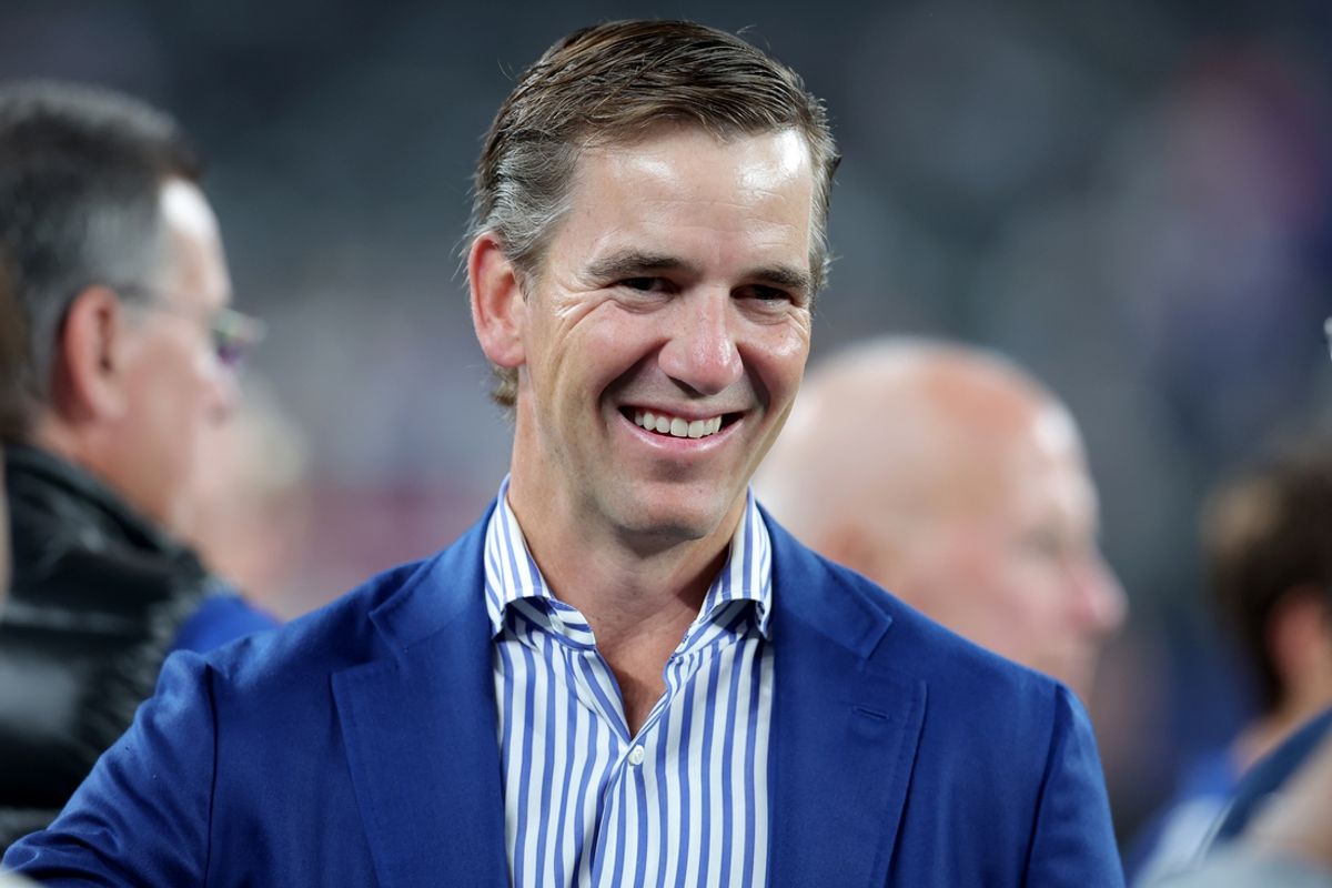 Oct 13, 2024; East Rutherford, New Jersey, USA; New York Giants former quarterback Eli Manning on the field before a game against the Cincinnati Bengals at MetLife Stadium. Mandatory Credit: Brad Penner-Imagn Images