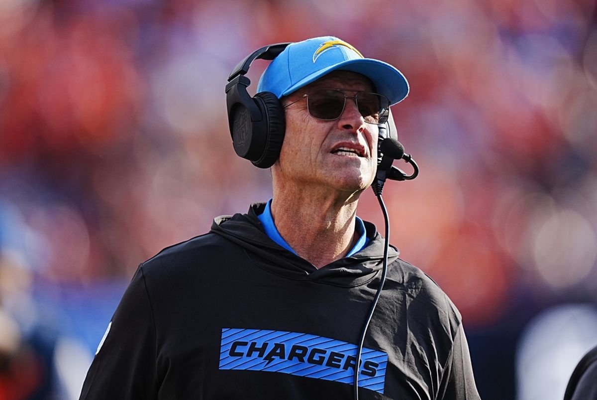 Oct 13, 2024; Denver, Colorado, USA; Los Angeles Chargers head coach Jim Harbaugh during the second half against the Denver Broncos at Empower Field at Mile High. Mandatory Credit: Ron Chenoy-Imagn Images