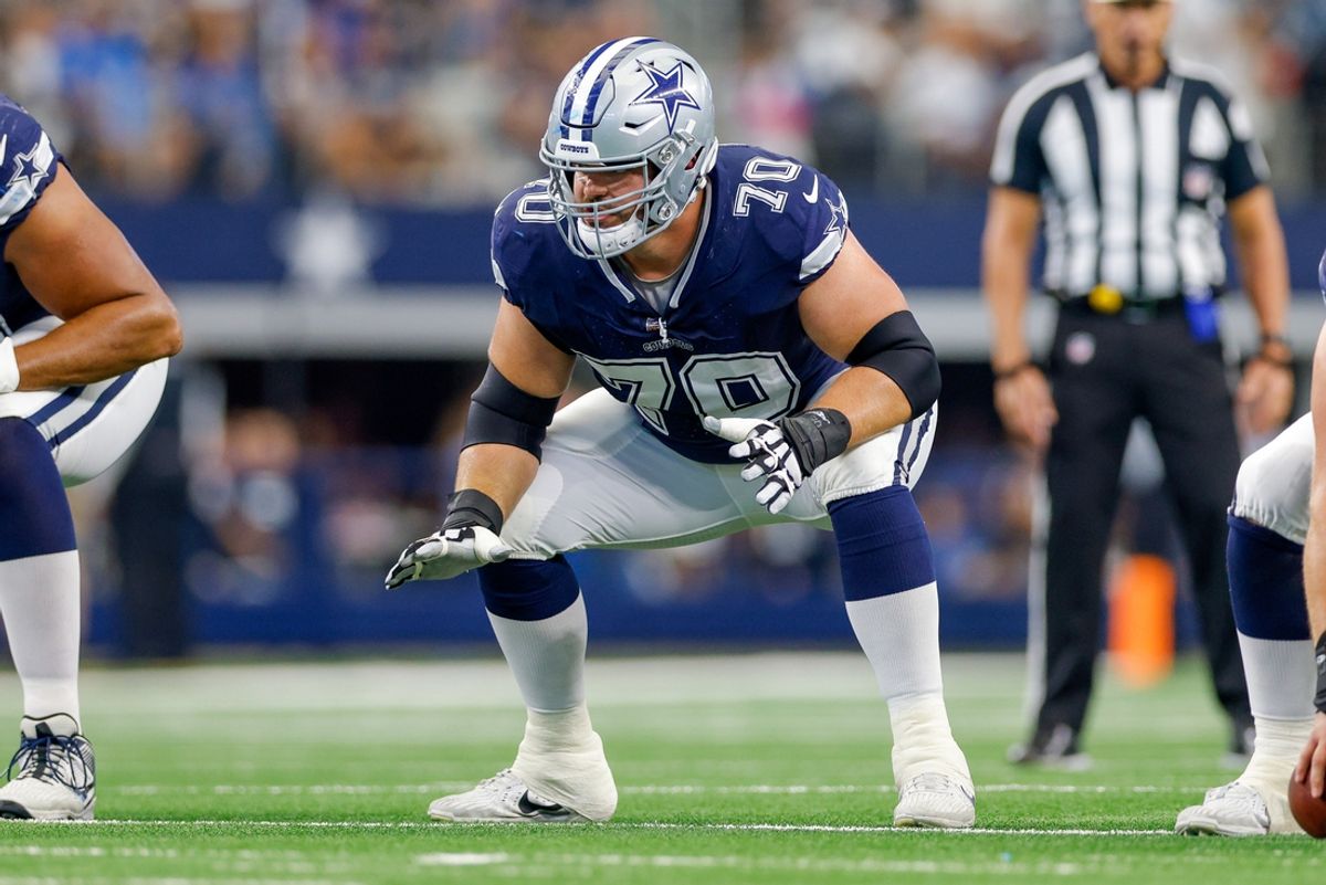 Oct 13, 2024; Arlington, Texas, USA; Dallas Cowboys guard Zack Martin (70) lines up for the snap during the first quarter against the Detroit Lions at AT&T Stadium. Mandatory Credit: Andrew Dieb-Imagn Images