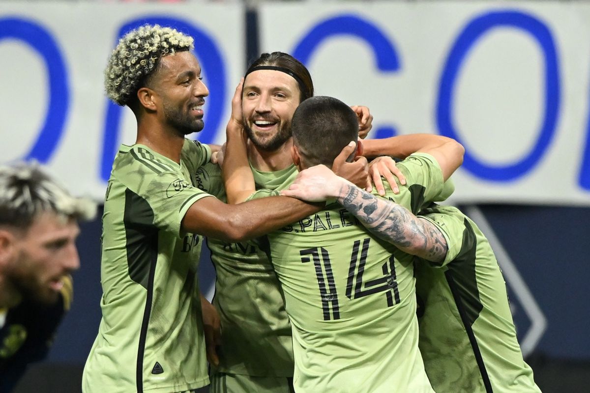 Oct 13, 2024; Vancouver, British Columbia, CAN; LAFC midfielder Ilie Sanchez (6) celebrates with teammates after scoring against Vancouver Whitecaps FC in the second half at BC Place. Mandatory Credit: Anne-Marie Sorvin-Imagn Images