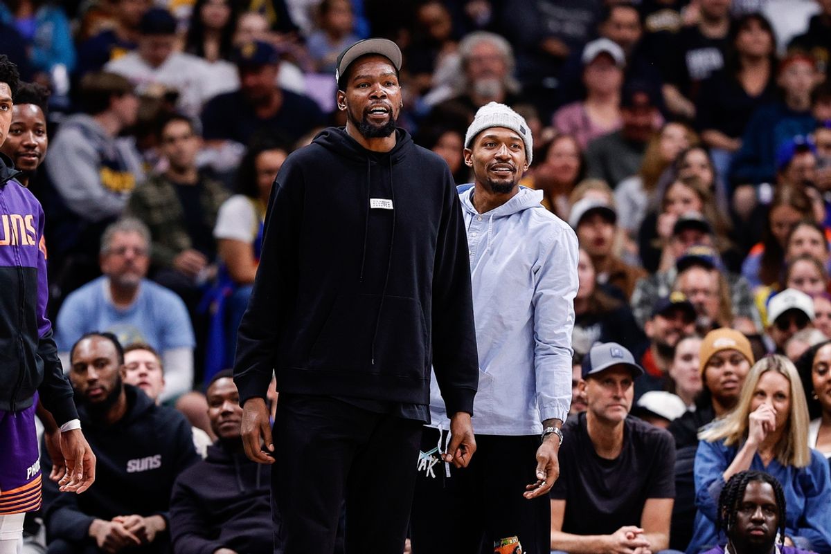 Oct 13, 2024; Denver, Colorado, USA; Phoenix Suns forward Kevin Durant (35) and guard Bradley Beal (3) look on in the third quarter against the Denver Nuggets at Ball Arena. Mandatory Credit: Isaiah J. Downing-Imagn Images